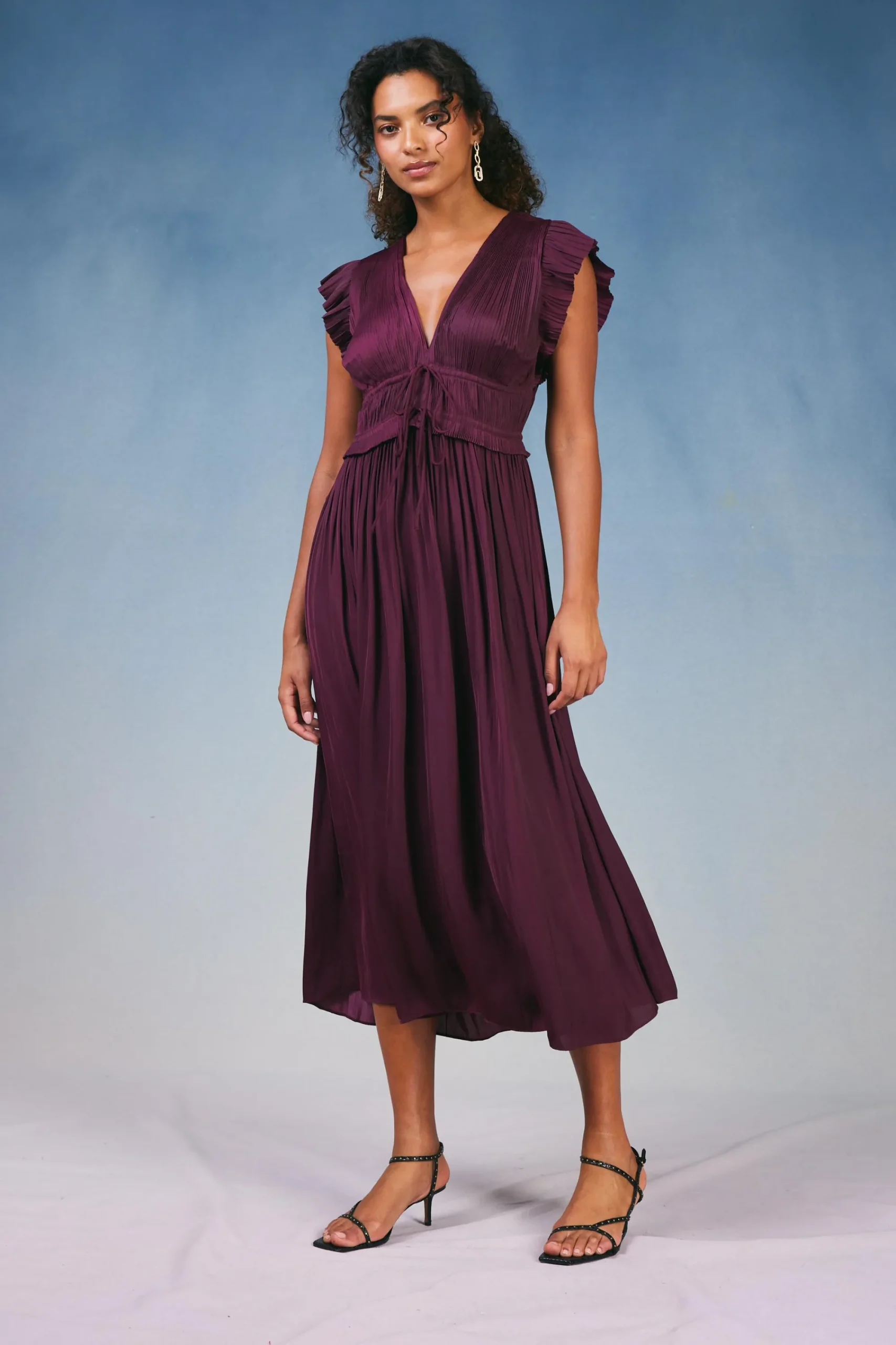 Current Air Maxi Dresses-Mara Pleated Maxi Dress BURGUNDY
