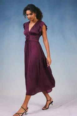 Current Air Maxi Dresses-Mara Pleated Maxi Dress BURGUNDY
