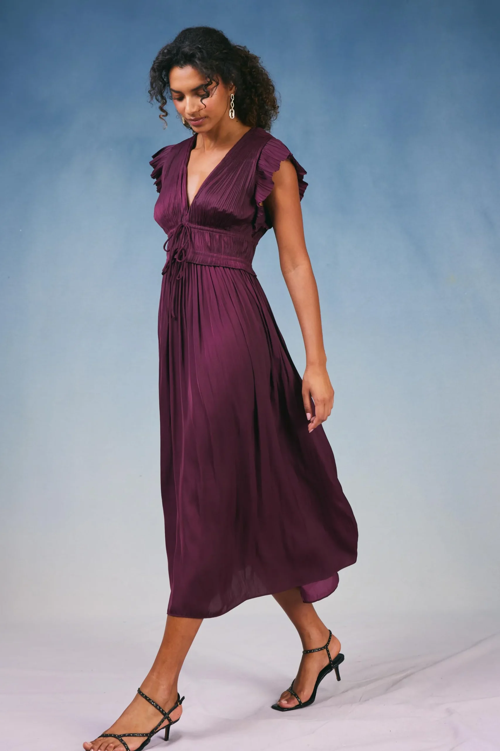 Current Air Maxi Dresses-Mara Pleated Maxi Dress BURGUNDY