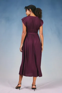 Current Air Maxi Dresses-Mara Pleated Maxi Dress BURGUNDY
