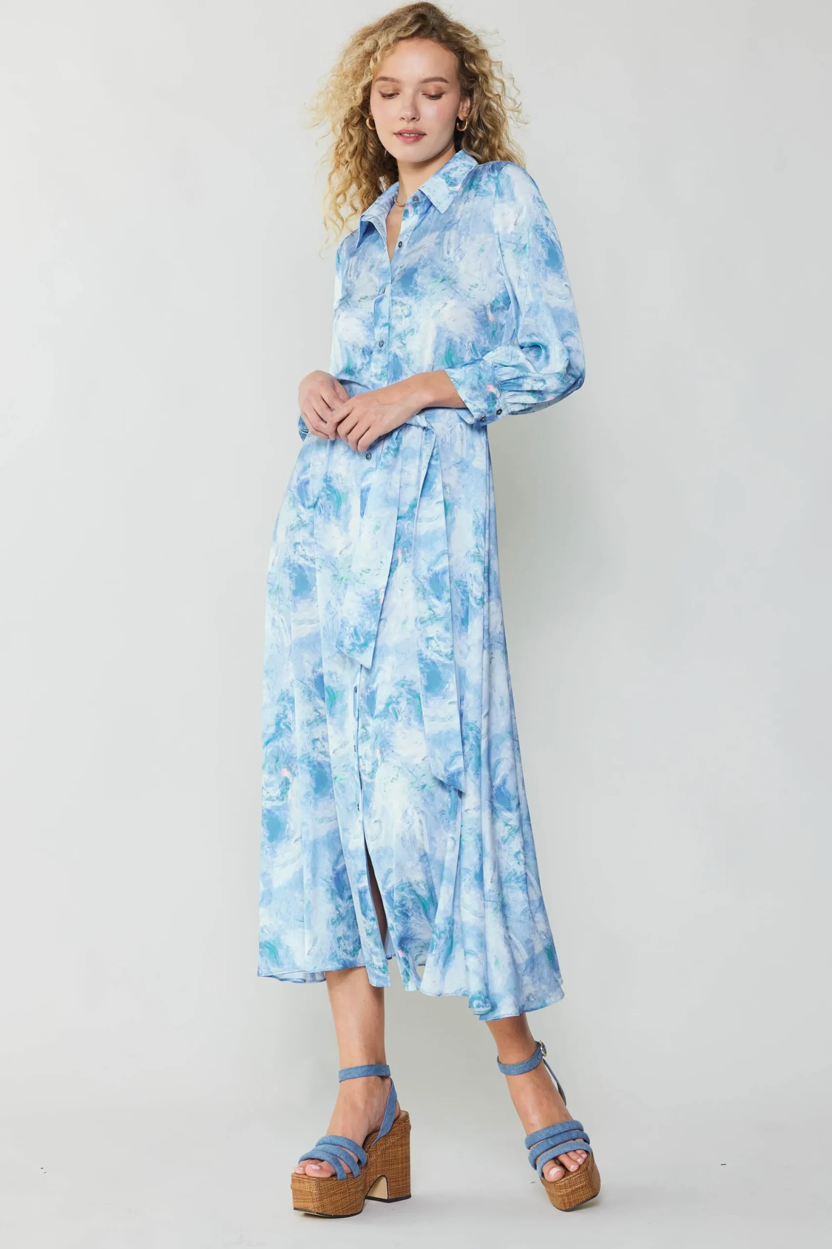 Current Air Maxi Dresses | Midi Dresses-Marbled Motif Buttondown Dress BLUEMULTI