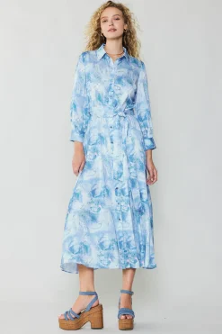 Current Air Maxi Dresses | Midi Dresses-Marbled Motif Buttondown Dress BLUEMULTI