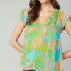Current Air Short Sleeve Tops-Margot Abstract Pleated Sleeve Blouse GREENORANGE