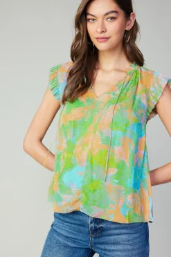 Current Air Short Sleeve Tops-Margot Abstract Pleated Sleeve Blouse GREENORANGE