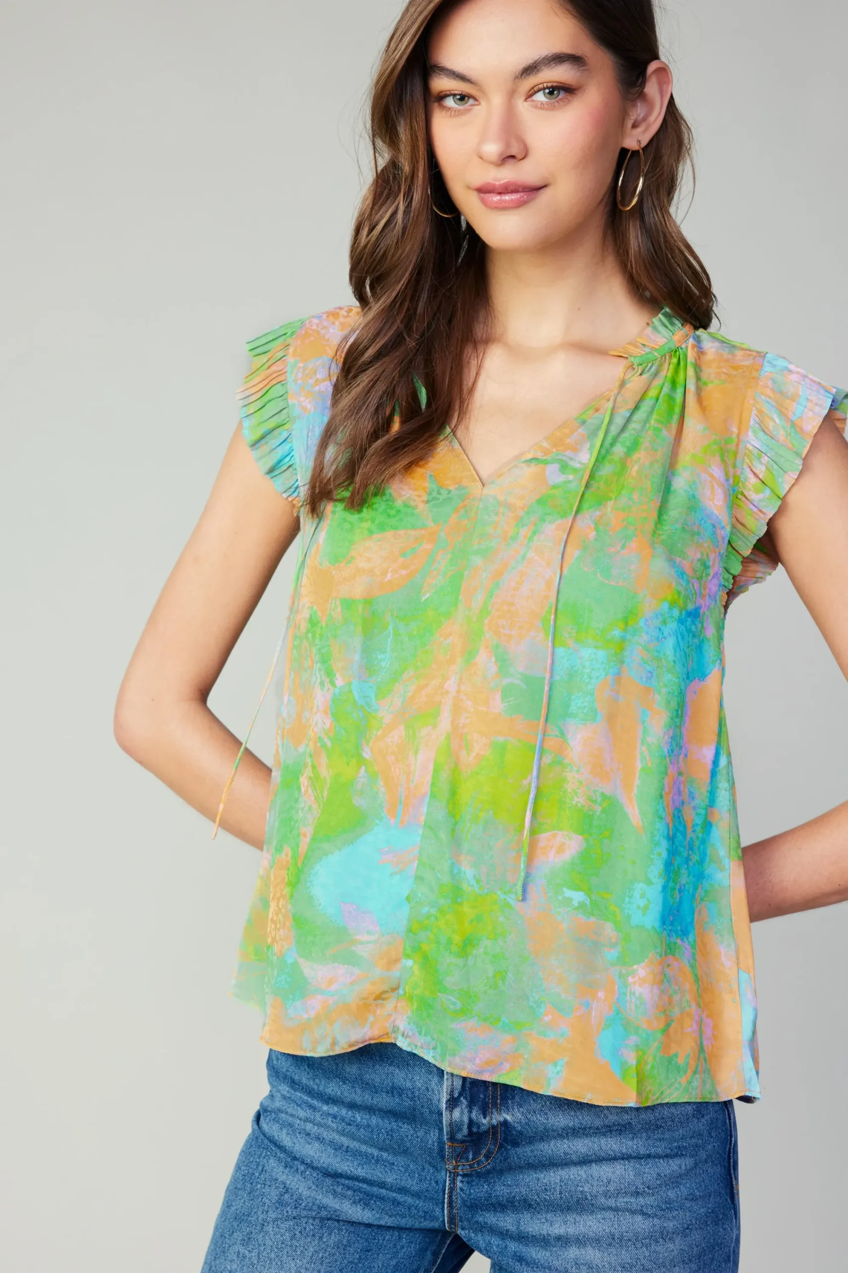 Current Air Short Sleeve Tops-Margot Abstract Pleated Sleeve Blouse GREENORANGE