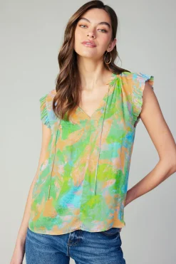 Current Air Short Sleeve Tops-Margot Abstract Pleated Sleeve Blouse GREENORANGE