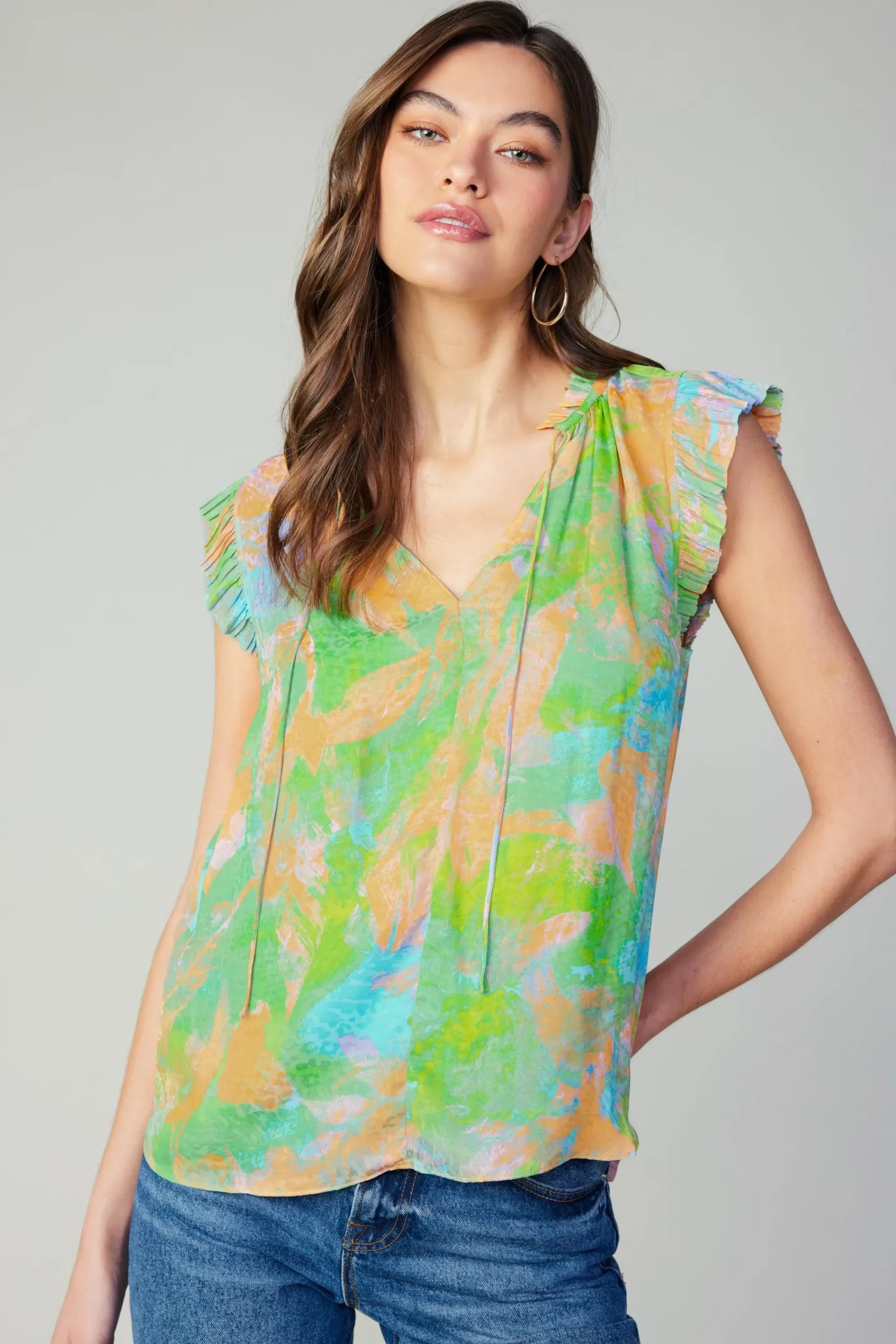 Current Air Short Sleeve Tops-Margot Abstract Pleated Sleeve Blouse GREENORANGE