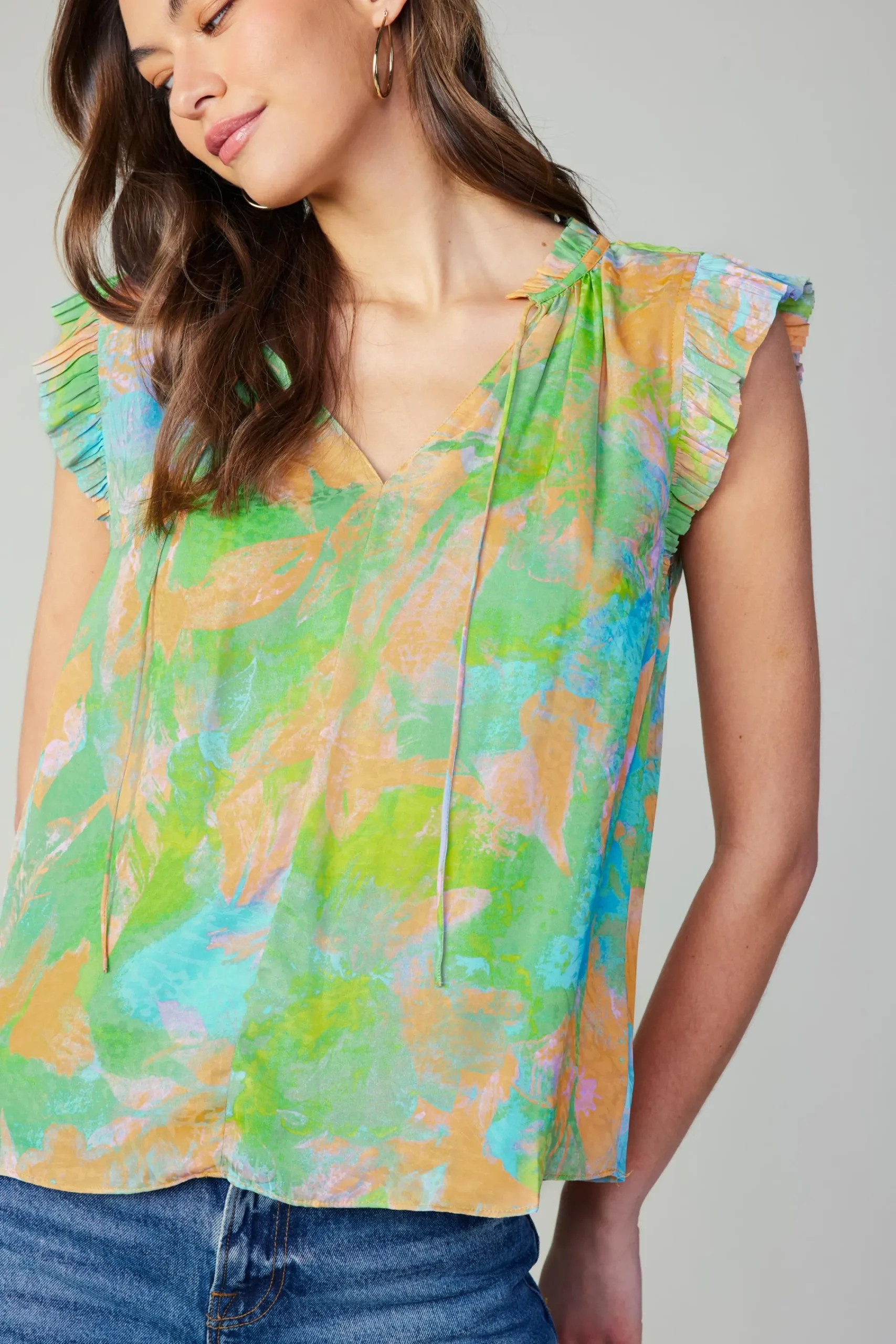 Current Air Short Sleeve Tops-Margot Abstract Pleated Sleeve Blouse GREENORANGE