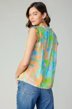 Current Air Short Sleeve Tops-Margot Abstract Pleated Sleeve Blouse GREENORANGE