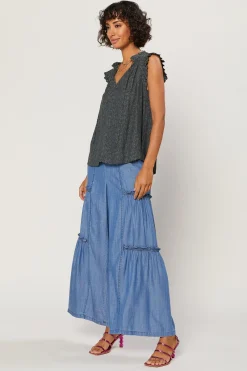 Current Air Sleeveless Tops | Short Sleeve Tops-Margot Jacquard Pleated Sleeve Blouse DARKOLIVE
