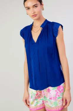 Current Air Short Sleeve Tops-Margot Pleated Blouse COBALT