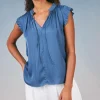 Current Air Short Sleeve Tops-Margot Pleated Sleeve Blouse DARKDUSTYBLUE
