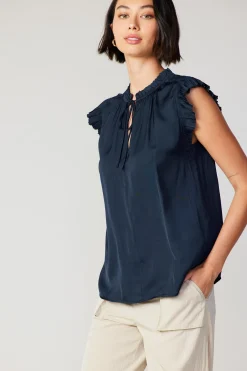 Current Air Short Sleeve Tops-Margot Pleated Sleeve Blouse DARKNAVY