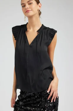 Current Air Sleeveless Tops | Short Sleeve Tops-Margot Pleated Sleeve Blouse BLACK