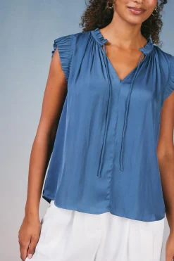 Current Air Short Sleeve Tops-Margot Pleated Sleeve Blouse DARKDUSTYBLUE