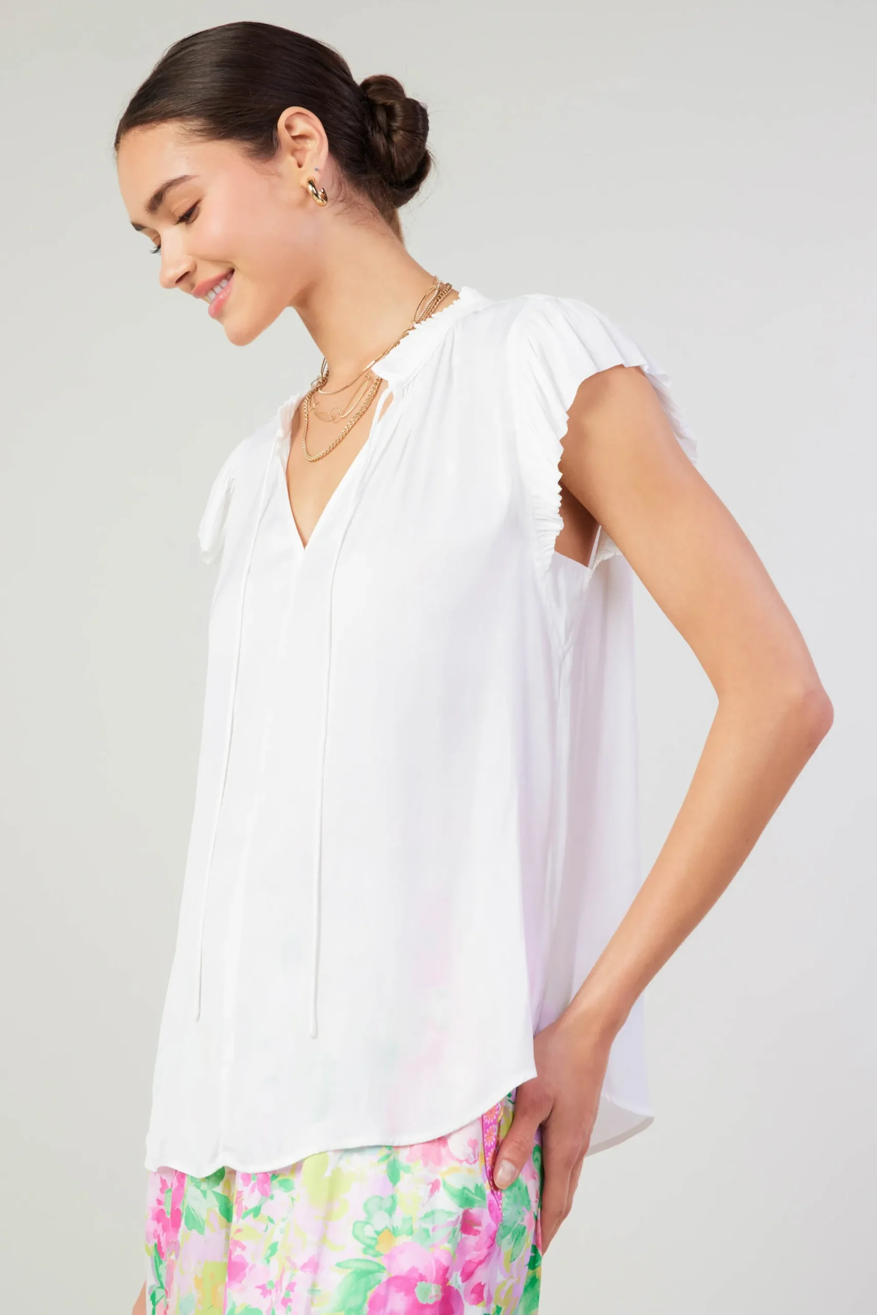 Current Air Short Sleeve Tops-Margot Pleated Sleeve Blouse OFFWHITE