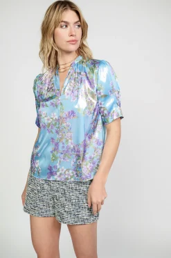 Current Air Short Sleeve Tops-Metallic Botanical Print Top BLUEPURPLEMLT
