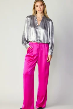 Current Air Long Sleeve Tops-Metallic Bubble Hem Blouse SILVER