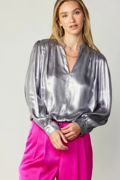 Current Air Long Sleeve Tops-Metallic Bubble Hem Blouse SILVER