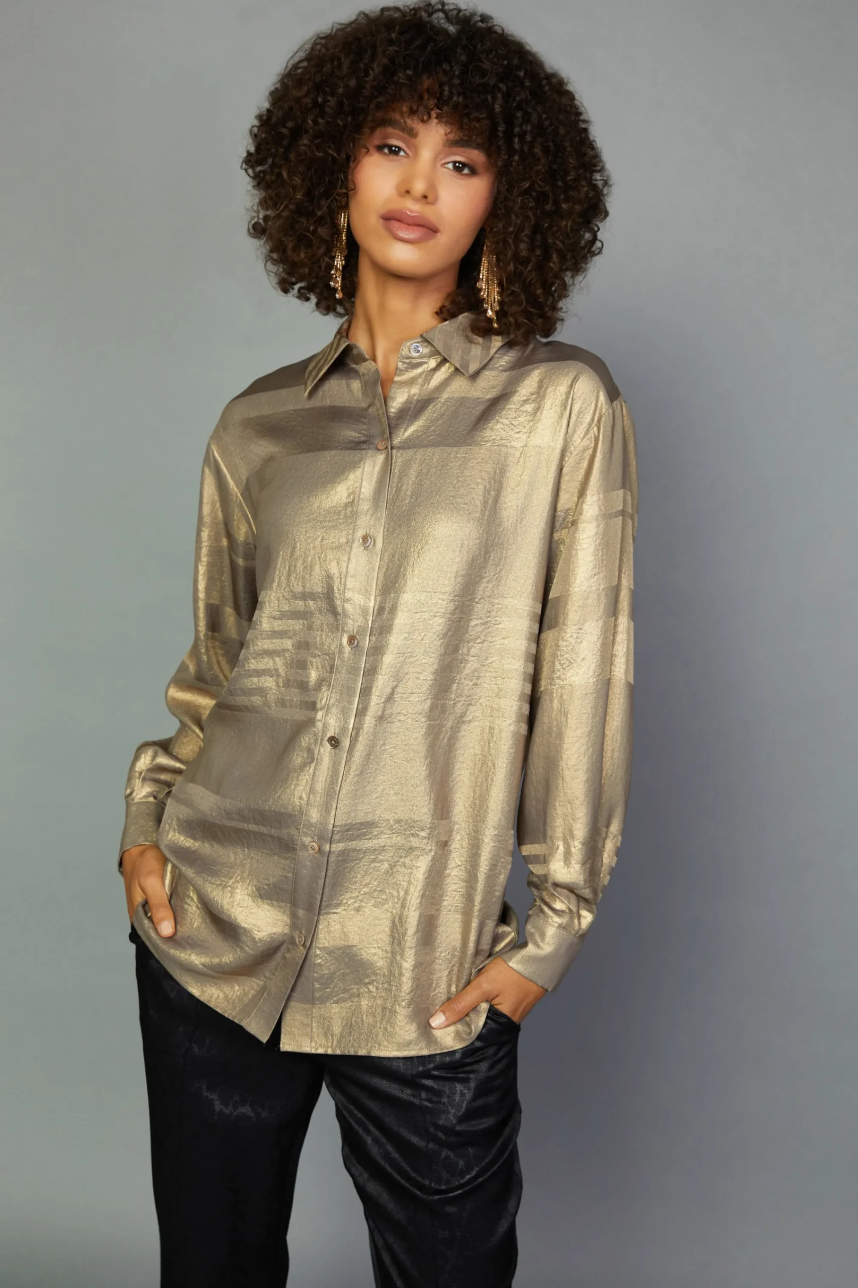 Current Air Long Sleeve Tops-Metallic Button Down Top GOLDFOIL