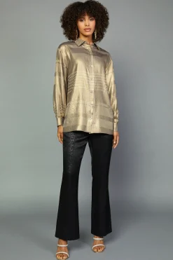 Current Air Long Sleeve Tops-Metallic Button Down Top GOLDFOIL