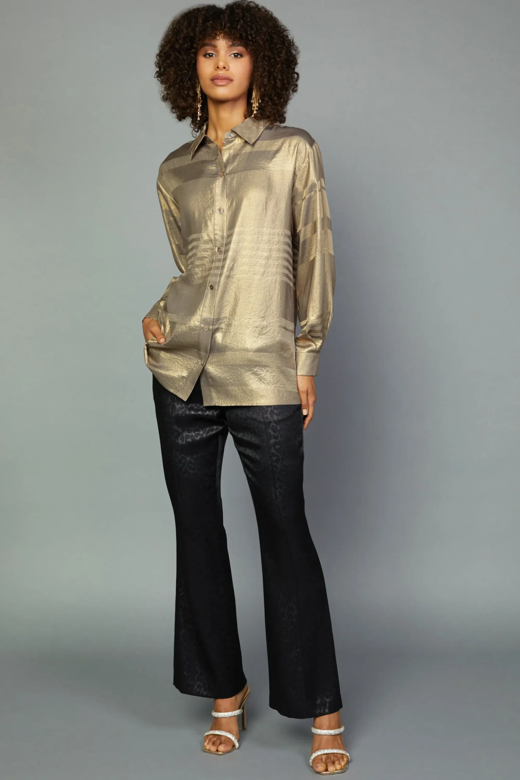 Current Air Long Sleeve Tops-Metallic Button Down Top GOLDFOIL