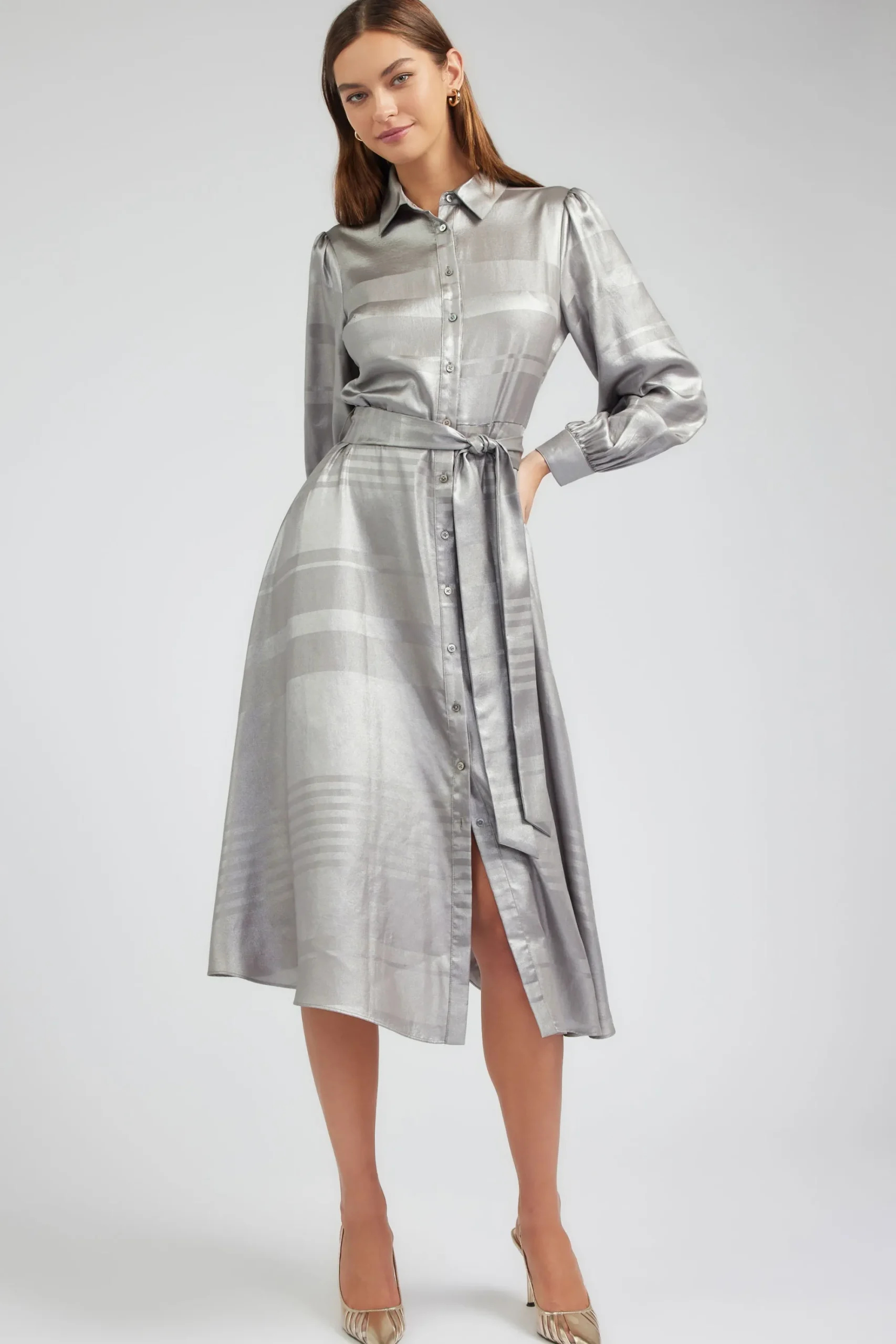 Current Air Maxi Dresses | Midi Dresses-Metallic Buttondown Dress SILVER