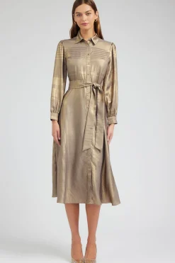 Current Air Maxi Dresses | Midi Dresses-Metallic Buttondown Dress GOLD