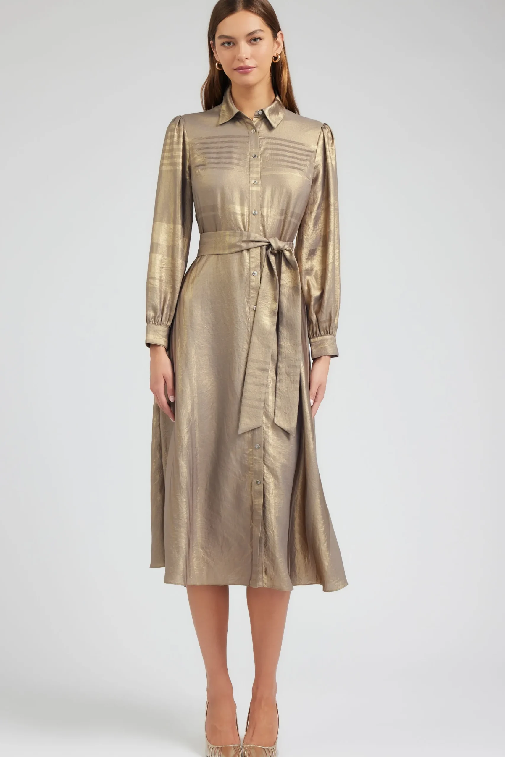 Current Air Maxi Dresses | Midi Dresses-Metallic Buttondown Dress GOLD