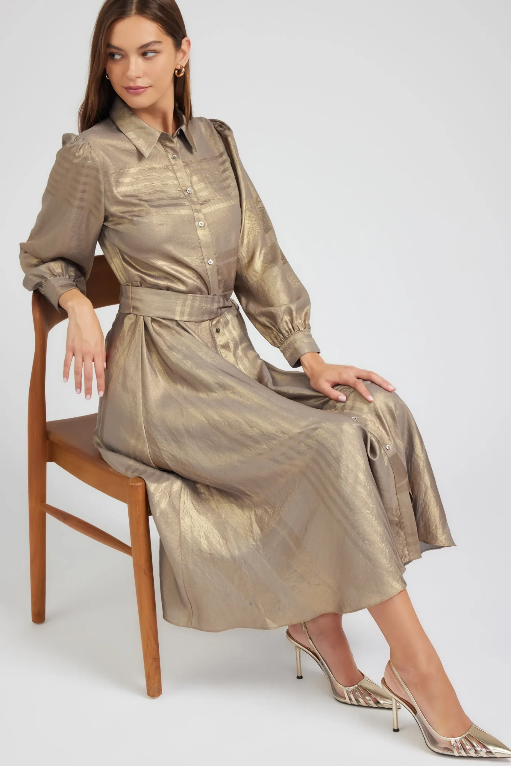 Current Air Maxi Dresses | Midi Dresses-Metallic Buttondown Dress GOLD