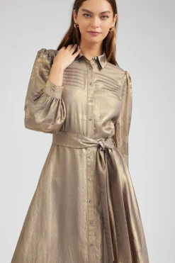 Current Air Maxi Dresses | Midi Dresses-Metallic Buttondown Dress GOLD