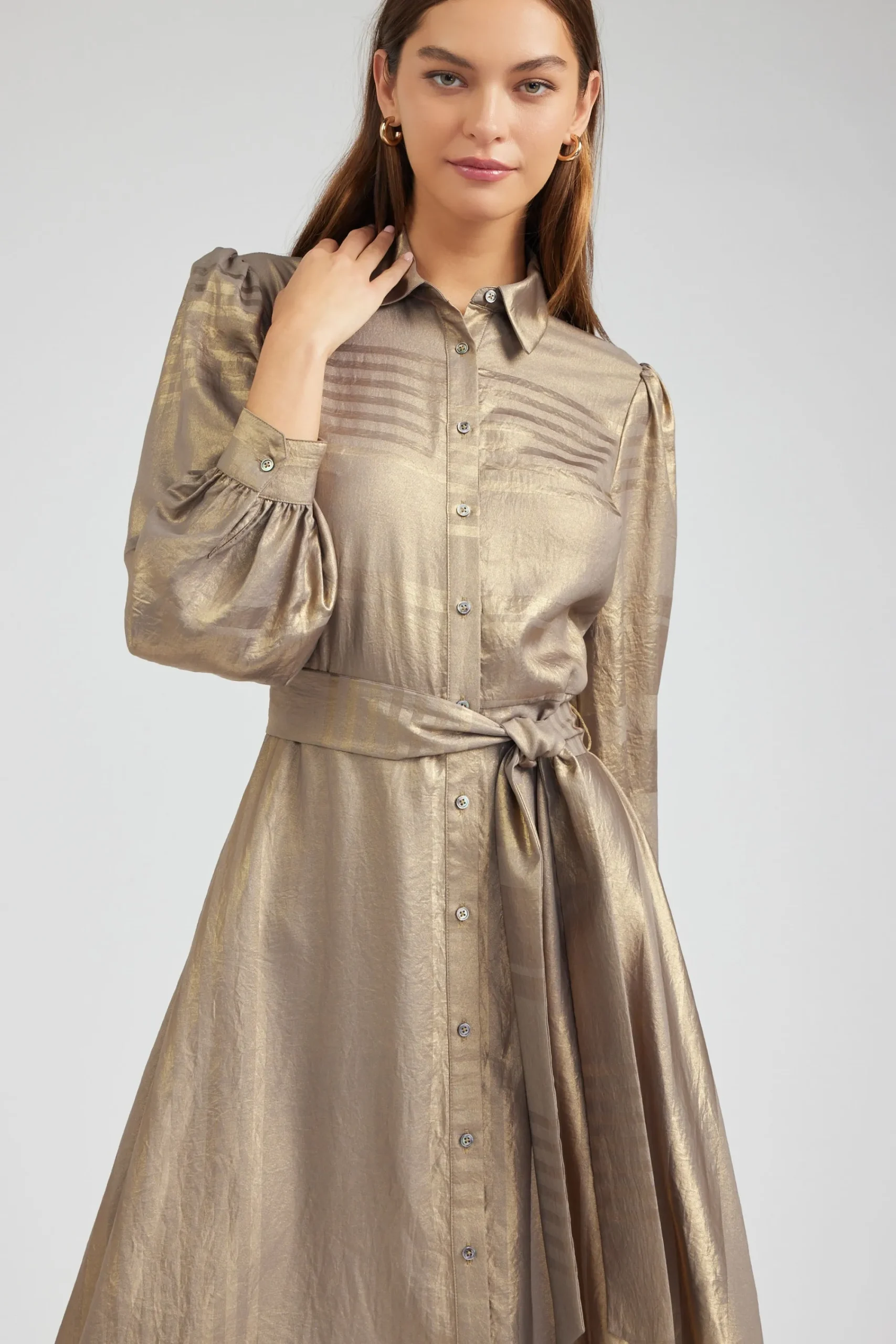 Current Air Maxi Dresses | Midi Dresses-Metallic Buttondown Dress GOLD