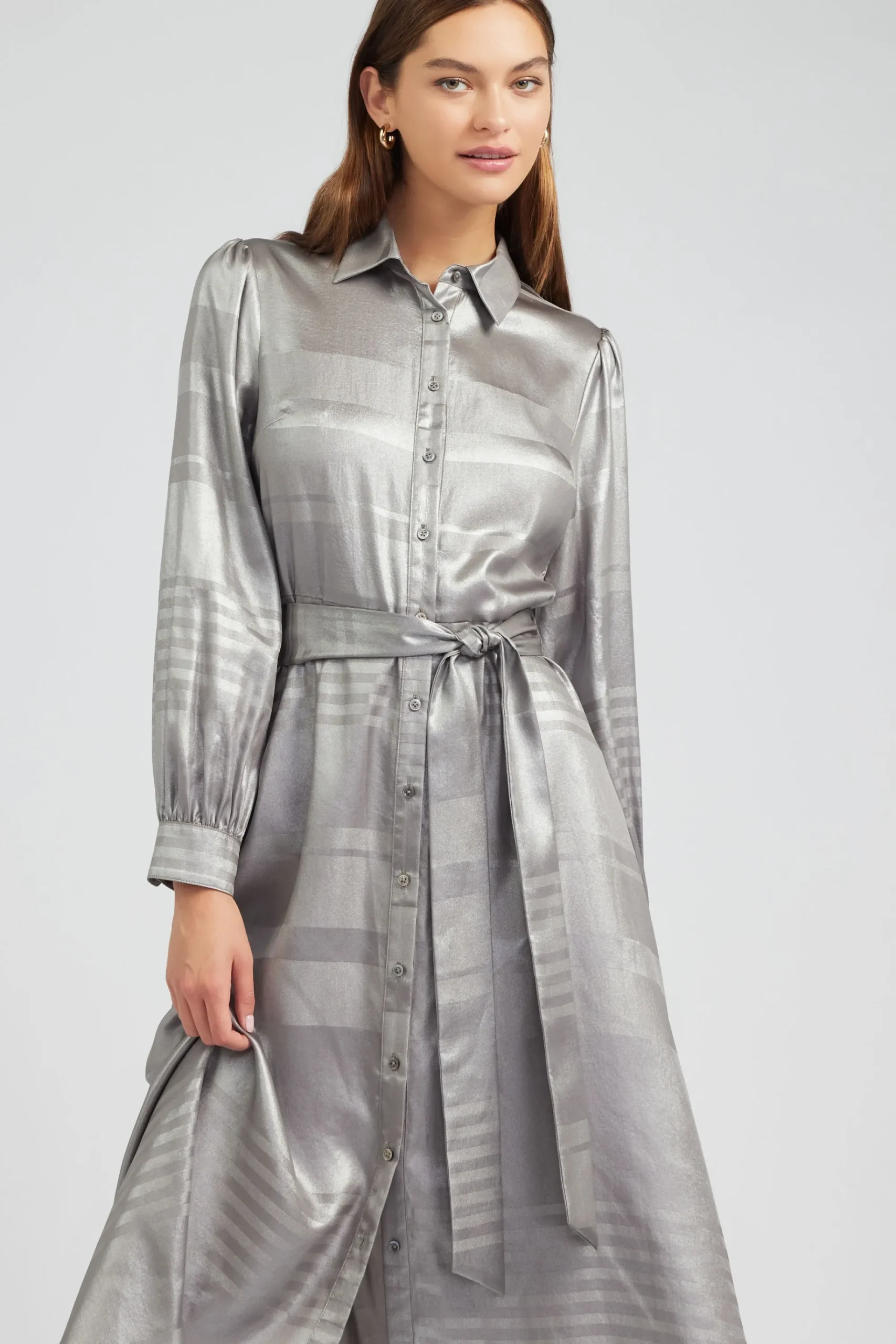 Current Air Maxi Dresses | Midi Dresses-Metallic Buttondown Dress SILVER