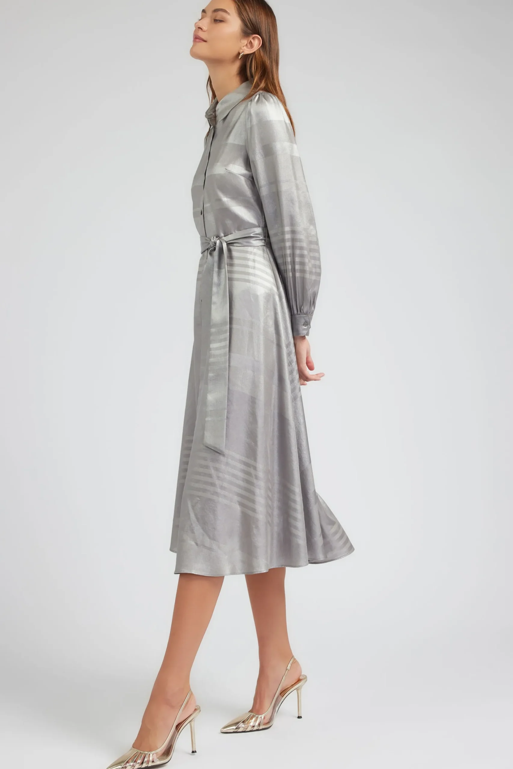 Current Air Maxi Dresses | Midi Dresses-Metallic Buttondown Dress SILVER