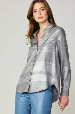 Current Air Long Sleeve Tops-Metallic Buttonup Shirt SILVER