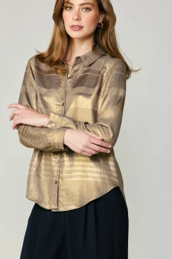 Current Air Long Sleeve Tops-Metallic Buttonup Shirt GOLD