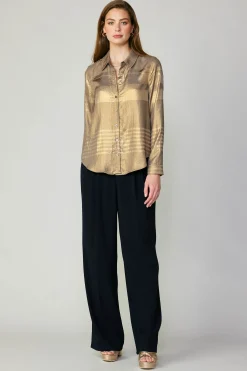 Current Air Long Sleeve Tops-Metallic Buttonup Shirt GOLD