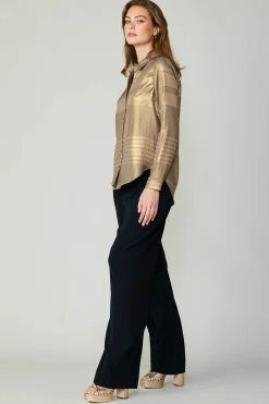 Current Air Long Sleeve Tops-Metallic Buttonup Shirt GOLD