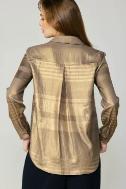 Current Air Long Sleeve Tops-Metallic Buttonup Shirt GOLD