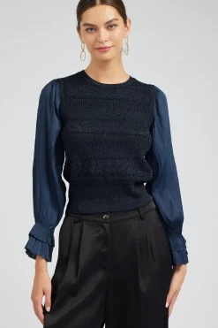 Current Air Knitwear | Long Sleeve Tops-Metallic Contrast Sweater Top NAVY