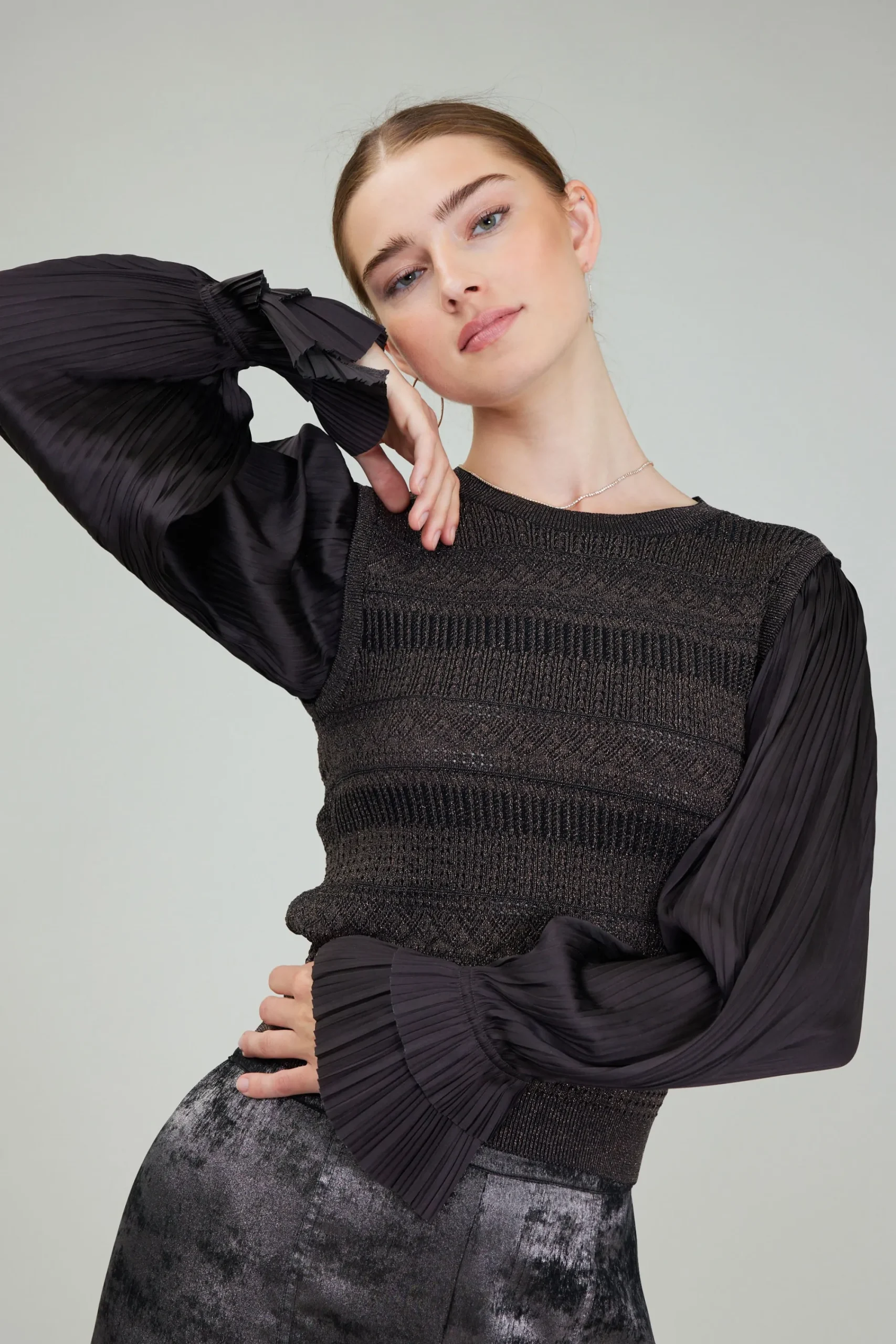Current Air Knitwear | Long Sleeve Tops-Metallic Contrast Sweater Top DARKBRONZE