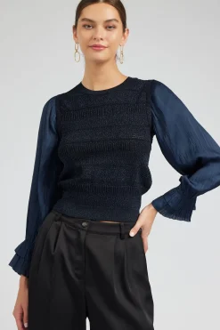 Current Air Knitwear | Long Sleeve Tops-Metallic Contrast Sweater Top NAVY