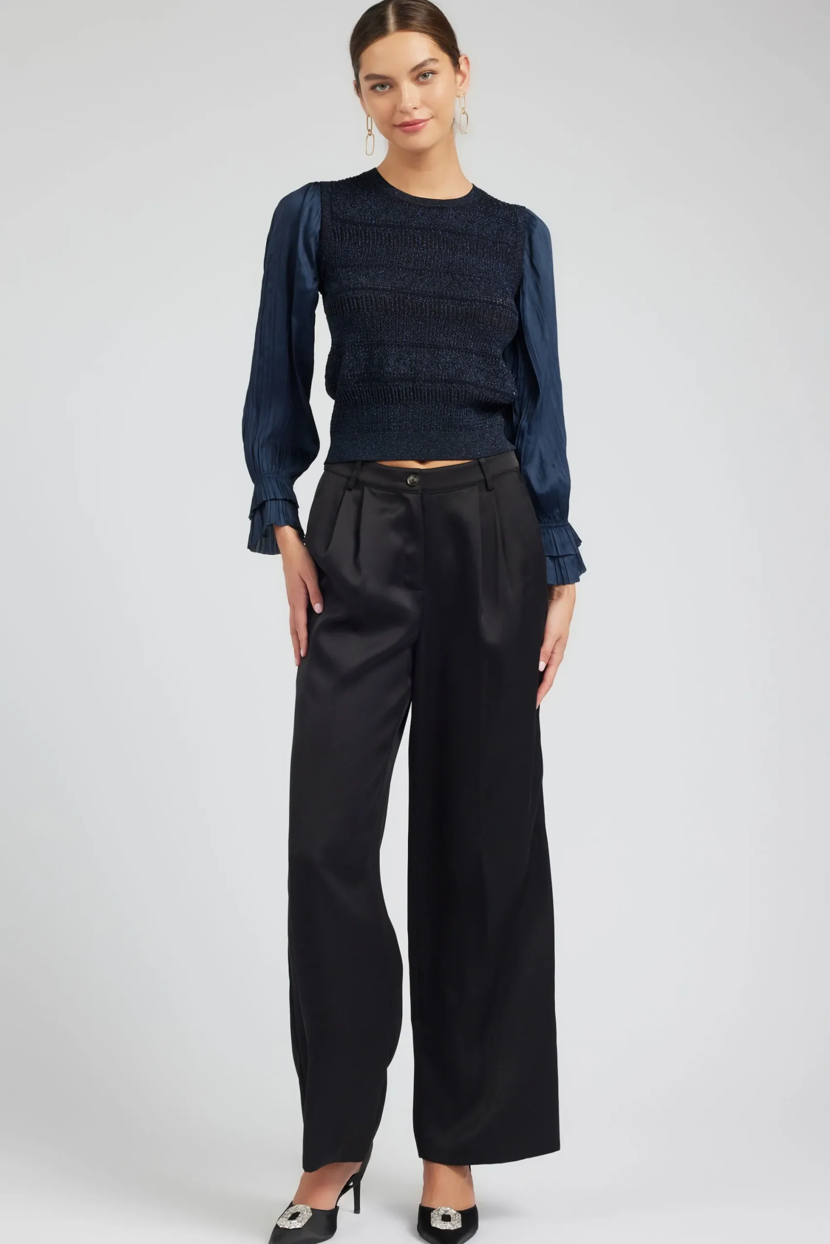 Current Air Knitwear | Long Sleeve Tops-Metallic Contrast Sweater Top NAVY