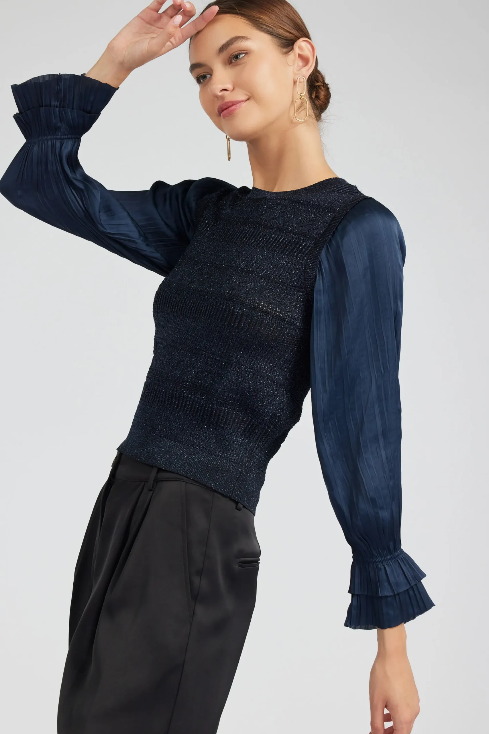 Current Air Knitwear | Long Sleeve Tops-Metallic Contrast Sweater Top NAVY
