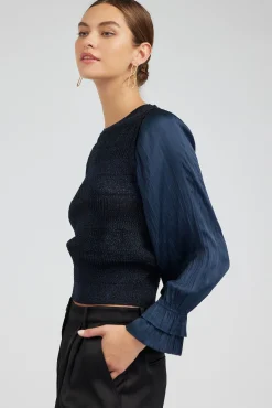 Current Air Knitwear | Long Sleeve Tops-Metallic Contrast Sweater Top NAVY