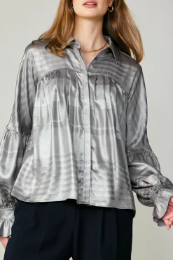 Current Air Long Sleeve Tops-Metallic Pleated Shirt SILVER