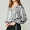 Current Air Long Sleeve Tops-Metallic Surplice Blouse SILVER