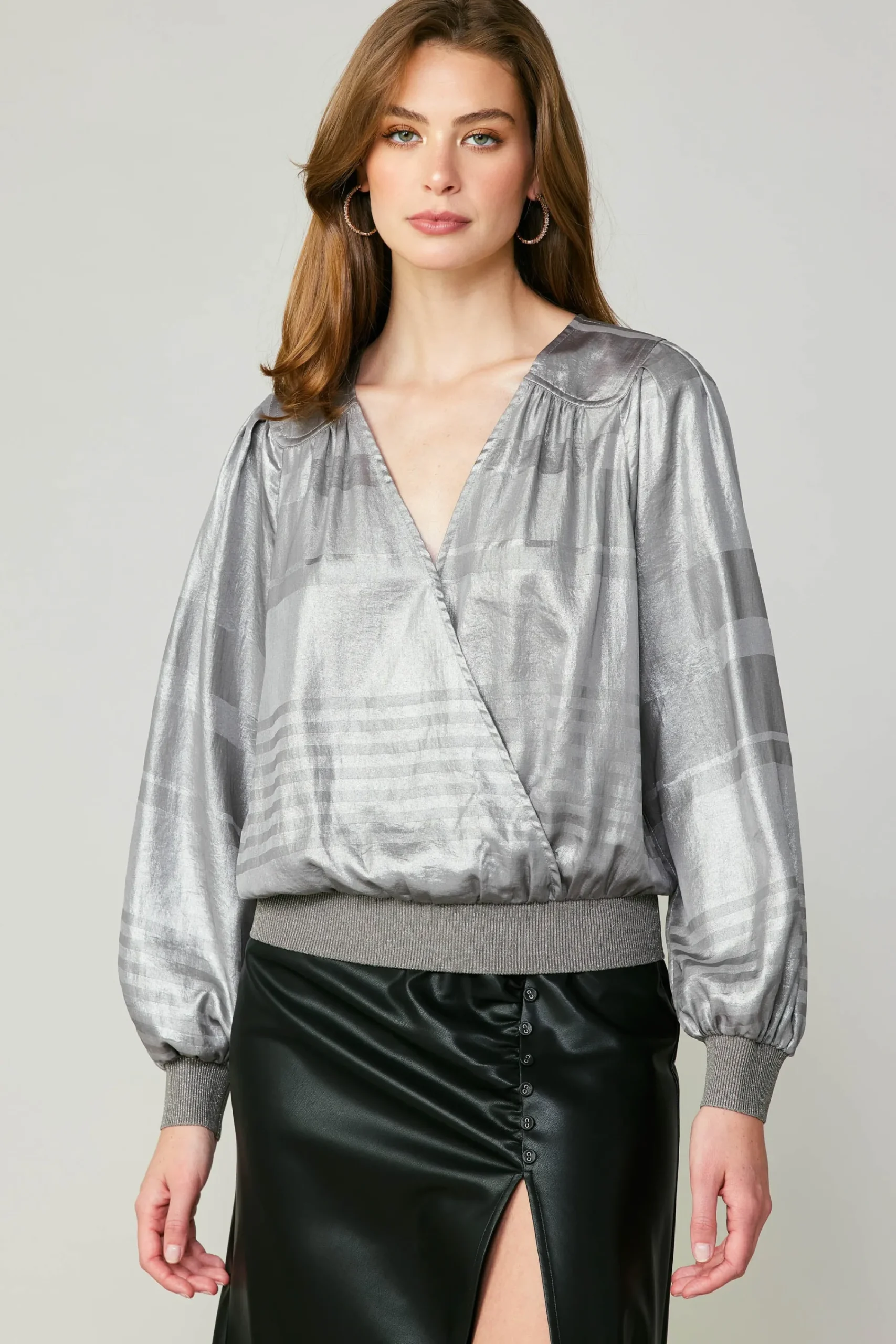 Current Air Long Sleeve Tops-Metallic Surplice Blouse SILVER