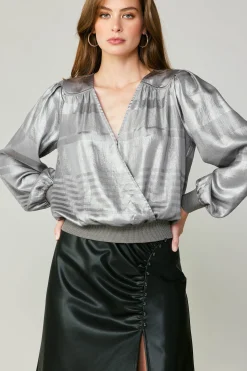 Current Air Long Sleeve Tops-Metallic Surplice Blouse SILVER