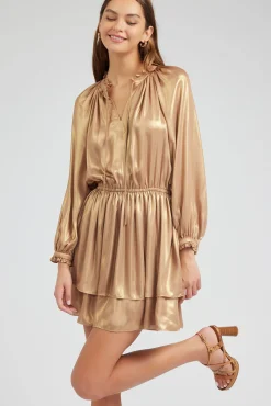 Current Air Mini Dresses-Metallic Tiered Mini Dress GOLD